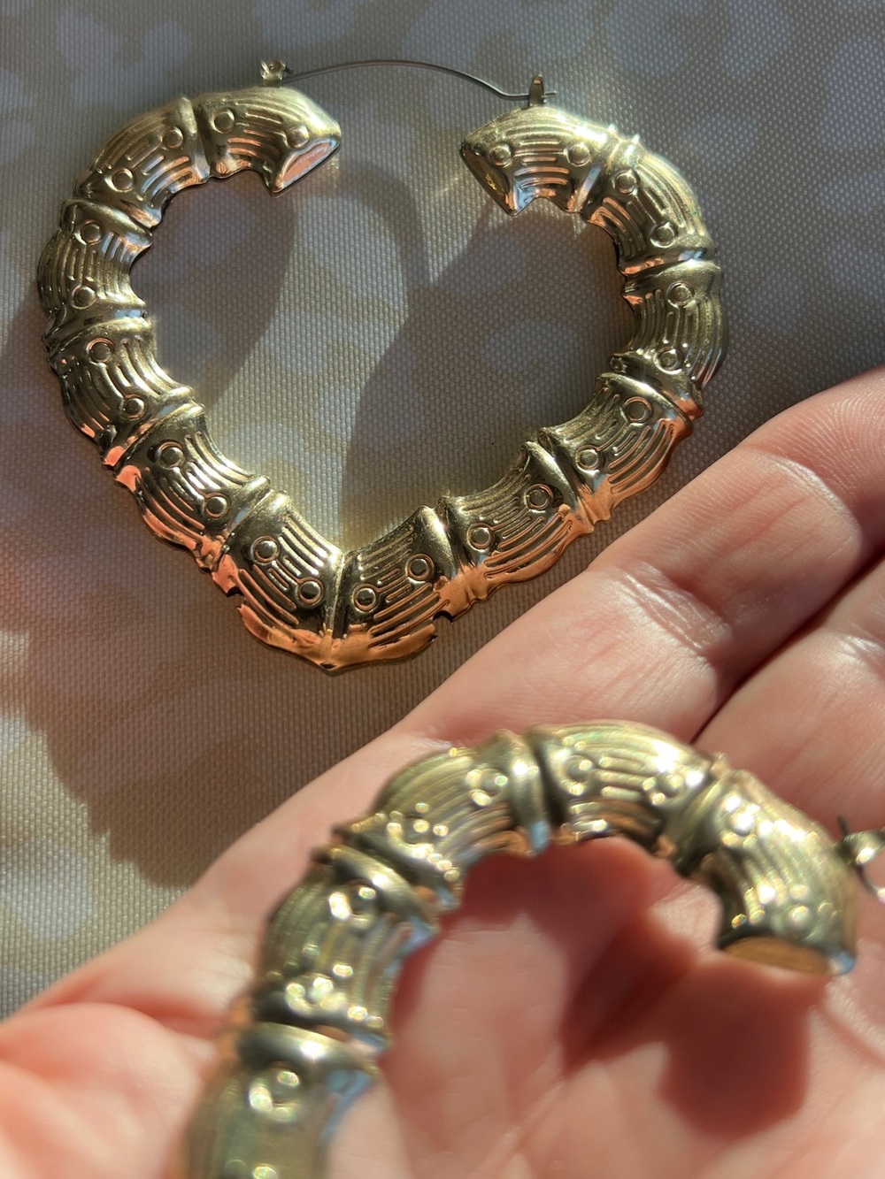 Gold Textured Bamboo-Style Hoop Earrings - Women Jewelry - Picture 5 of 11
